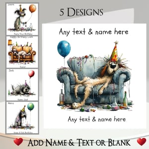 Carte Party Dog : ajoutez votre nom + texte, message à l'intérieur, 5 modèles. Chapeau de fête, Boisson, Alcool, Animal de compagnie, Chien, Insolite, Mignon, Drôle