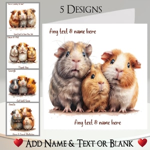 Carte cobaye : ajoutez votre texte + votre nom, un message à l'intérieur, 5 motifs. Trio de cochons d'Inde, Rongeur, Animal de compagnie, Cavy, Caviidae, Drôle, Mignon