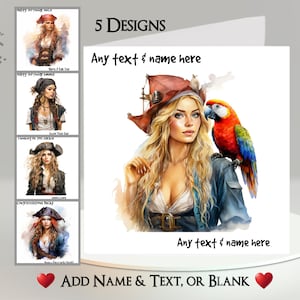 Tarjeta pirata: agrega tu texto + nombre ~ 5 diseños para elegir ~ Mensaje interior ~ Pirata, bucanera, corsaria, corsaria, loro, mar