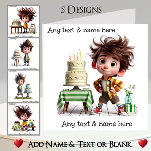 Carte d'anniversaire de garçon : ajoutez votre texte et votre nom, message à l'intérieur, 5 motifs, cheveux longs, gâteau d'anniversaire, bougies, cadeaux, cadeau, original, fantaisiste,