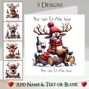 Kerstkaart: tekst en naam toevoegen, bericht binnenin, 5 ontwerpen, rendier, hert, reebruin, gewei, drinken, dronken, wijnglas, alcohol, grappig