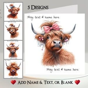 Carte Vache Highland : ajoutez votre texte et votre nom ~ Message à l'intérieur ~ 5 modèles au choix ~ Queue de cheval de vache Highland, bétail, vache écossaise, Écosse