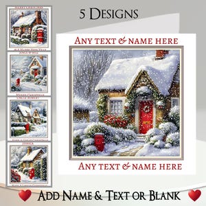 Kerstkaart: tekst + naam, bericht binnen, 5 ontwerpen, huisje, huis, sneeuw, sneeuwlandschap, tuin, brievenbus, ons huis aan je huis
