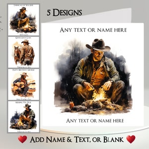 Carte de cow-boy : ajoutez votre texte et votre nom ~ 5 modèles au choix ~ message intérieur ~ Western, Far West, cow-boy, coucher de soleil, feu, bottes, chapeau, cheval