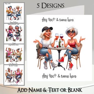 Carte femme vin : ajoutez votre nom + texte, message à l'intérieur, 5 modèles. Fille décalée, Meilleures amies, Meilleure amie, Lunatique, Alcool, Boisson, Pub, Humour