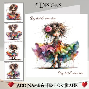 Tarjeta de Chica Arcoíris: Añade tu nombre + texto, mensaje interior, 5 diseños. Chica peculiar y adorable, estilo bohemio, botas, cuentas, flores, estilo hippie.