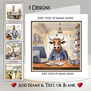 Carte de bureau animal : ajoutez votre texte et votre nom ~ message intérieur ~ âne, cheval, girafe, vache, mouton, chemise, cravate, bureau, travail, administrateur, drôle