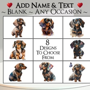 Tarjeta de Dachshund: agregue su texto + nombre ~ Mensaje interior ~ Cualquier ocasión ~ Perro salchicha, canino, retrato de perro, mascota, perro, cachorro