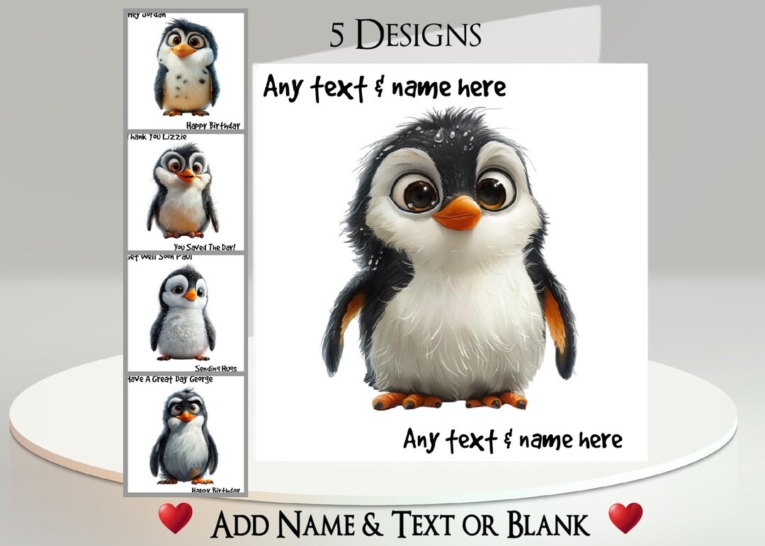 Penguin Card: Add Your Text + Name, Inside Message, 5 Designs to Choose ...