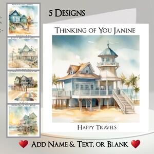Biglietto d'auguri Beach House: aggiungi il tuo testo + nome ~ Messaggio interno ~ 5 design tra cui scegliere ~ Spiaggia, Sabbia, Casa, Capanna, Mare, Riva al mare, Palma