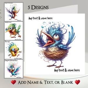 Carte oiseau : ajoutez votre texte et votre nom ~ message à l'intérieur ~ oiseau drôle, oiseau étrange, oiseau duveteux, nid, nid d'oiseau, coloré, drôle, humoristique, mignon