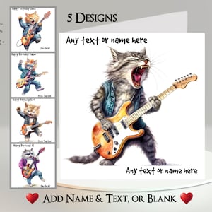 Tarjeta Rockin' Cat: agrega tu texto + nombre ~ Mensaje interior ~ Gato, gatito, guitarra, bajo, rock and roll, moda, gato musical, banda de rock, música