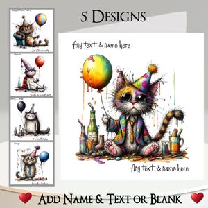 Carte de fête chat : ajoutez votre nom + texte, message à l'intérieur, 5 modèles. Chapeau de fête, Fête, boisson, alcool, animal de compagnie, félin, original, mignon, drôle