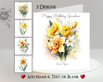 Biglietto con narcisi: aggiungi il tuo testo + nome, messaggio interno o lascialo vuoto. 5 modelli. Bouquet di fiori, narcisi, floreale, fiori, narcisi gallesi, narcisi