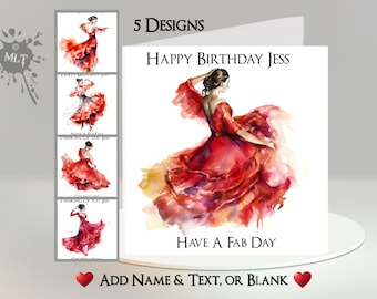 Carte de danseuse flamenco : ajoutez votre texte et votre nom ~ message intérieur ~ danse espagnole, Espagne, danse flamenco, récital de danse, danseuse, Bailaora, rouge