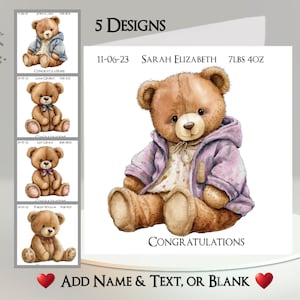 Carte de naissance : ajoutez votre nom, votre date de naissance, votre poids ~ 5 modèles au choix ~ message intérieur ~ nouveau-né, bébé, peluche, fils, fille, ours