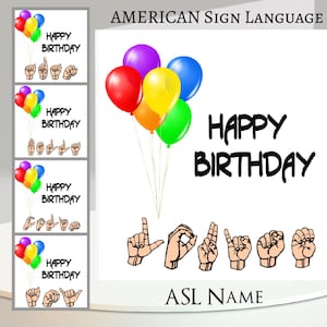 Tarjeta de cumpleaños en Lengua de Señas Americana (ASL): Añade tu texto + nombre y mensaje interior. Nombre en Lengua de Señas Americana (ASL), pérdida auditiva, sordera, globos.