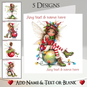 Weihnachtskarte: Fügen Sie Ihren Text + Namen, Innentext, 5 Designs, Fee, Flügel, Nikolausmütze, Kugeln, Strumpf, Stiefel, Stilettos hinzu