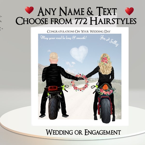 Biker Wedding Card: Add Your Text + Name, Choose Hair ~ Inside Message ~ Marriage, Wedding, Engagement, Motorbike, Bike, Motorcycle, Bikers