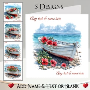 Bloemenbootkaart: tekst + naam, bericht binnenin, 5 ontwerpen. Roeiboot, zee, zand, strand, kust, klaprozen, anjers, tulpen, rozen