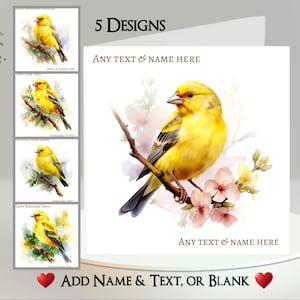 Vogelkaart: tekst + naam toevoegen ~ binnenbericht ~ kanarie, gele vogel, huisdier, boom, tak, vogel op tak, vogel in bloemen, bloesem