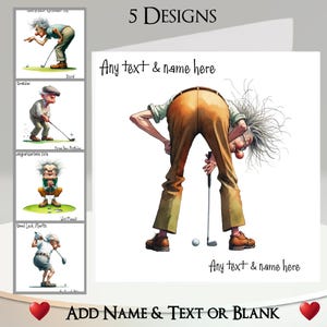 Eigenzinnige golfkaart: tekst en naam toevoegen, bericht binnenin, 5 ontwerpen, gepersonaliseerd, golfer, golfclubs, par, putt, tee, caddie, golfbaan