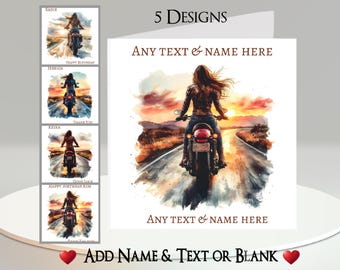 Biker Girl Card: Add Your Text + Name, Inside Message, or Blank. 5 Designs. Motorcycle, Motorbike, Bike, Woman, Rider, Bike Test, Sunset