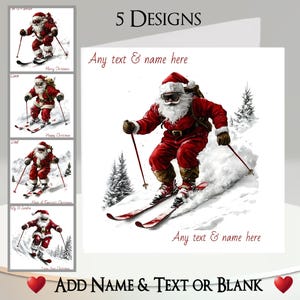 Kerstkaart: tekst en naam toevoegen, bericht binnenin, 5 ontwerpen, skiënde kerstman, kerstman, sint, ski, piste, sneeuw, sport