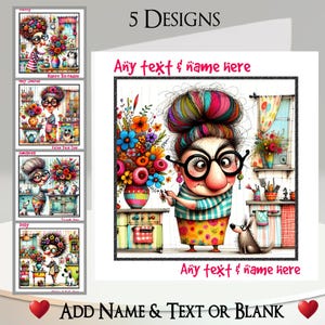Carte femme fleur : ajoutez votre texte et votre nom, message à l'intérieur, 5 modèles, original, drôle, arrangement floral, fleurs, vase, chien, lunettes, humoristique