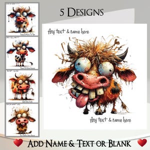 Carte vache : ajoutez votre texte + nom, message à l'intérieur, 5 modèles. Vache originale, bovin, ferme, Surprise, choqué, drôle, humoristique, fantaisiste, énervé