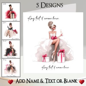 Könnte beinhalten: Grußkartendesign mit einer Modeillustration einer Frau in einem weißen Kleid mit rosa Schleife, die ein Champagnerglas hält. Der Text "Any text & name here" und "Add Name & Text or Blank" ist enthalten.