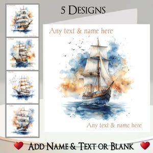 Tarjeta de barco vintage: añade tu texto y nombre, mensaje interior, 5 diseños. Barco, barco pirata, bote, mar, océano, vela, navegación, galeón, barco antiguo