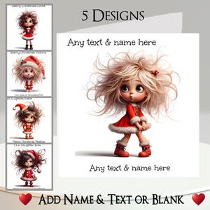 Weihnachtskarte: Fügen Sie Ihren Text + Namen, Insider-Nachricht, 5 Designs, Weihnachtsmann, Weihnachtsmannanzug, Weihnachtsmütze, große Haare, süßes Mädchen, Elfe, Weihnachtshelfer hinzu