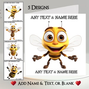 Bee Card: Add Your Text + Name ~ Inside Message ~ Cartoon Bee, Bumblebee, Honey Bee, Worker Bee, Honey, Honeycomb, Nectar, Buzzy Bee, Insect