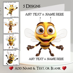 Tarjeta de abeja: agregue su texto + nombre ~ Mensaje interior ~ Abeja de dibujos animados, abejorro, abeja melífera, abeja obrera, miel, panal, néctar, abeja zumbadora, insecto