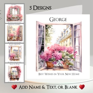 New Home-kaart met roze raam: voeg je naam + tekst toe ~ voeg je naam toe ~ bericht binnen ~ Veel succes, verhuizing, nieuw adres, nieuw huis, thuis