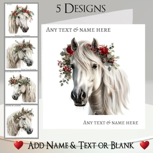 Kerstkaart: tekst en naam toevoegen, bericht binnenin, 5 ontwerpen, wit paard, paardenhoofd, kerstster, roos, krans, hulstbessen, sneeuw