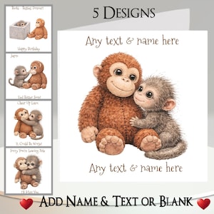 Könnte beinhalten: Grußkarte mit einer Aquarellillustration von zwei sich umarmenden Affen. Die Karte trägt den Text "Any text & name here" und "Add Name & Text or Blank". Fünf Designs sind abgebildet.