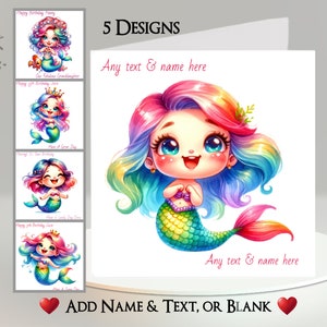 Cute Mermaid Card: Add Your Text + Name ~ 5 Designs To Choose From ~ Inside Message ~ Mermaid, Siren, Pirate, Fish, Scales, Sea, Heart, Girl