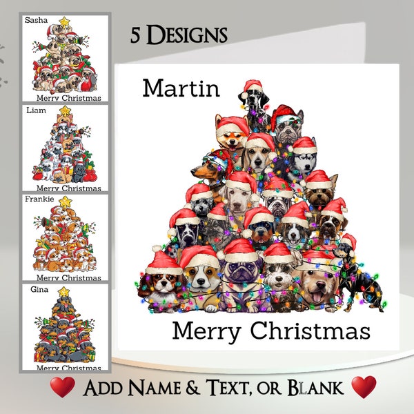 Dog Christmas Tree Card: Add Your Text + Name ~ Inside Message ~ Pug, French Bulldog, English Bulldog, Dachshund, Dogs, Funny, Humorous