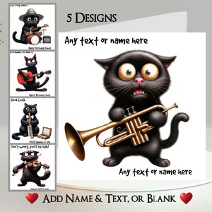 Schwarze Katzen Karte: Füge deinen Namen hinzu ~ 5 Designs zur Auswahl ~ Innere Nachricht ~ Musikkatze, Kätzchen, Trommeln, Trompete, Gitarre, Geige