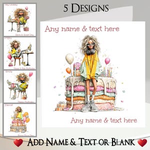 Tarjeta de cumpleaños para niña: Agrega tu texto + nombre, mensaje interior o en blanco. 5 diseños: femenino, mujer, dama, globos, pastel, regalo, obsequio, peculiar