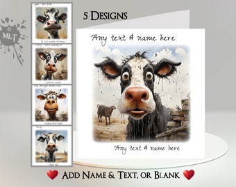 Koekaart: voeg je tekst + naam, binnenbericht of blanco toe. 5 ontwerpen. Funny Face koe, runderen, runderen, boerderij, karikatuur, humoristisch, eigenzinnig