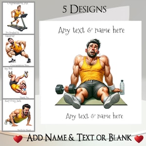 Gymkort: Lägg till din text + namn, meddelande inuti, 5 designer. Quirky man, gymnastiksal, atlet, löpare, löpning, ringar, armhävningar, träning, sport