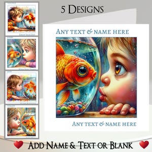 "Fishy Pals ""Fishy Pals"" Karte: Füge deinen Text + Name hinzu, Innenbotschaft, 5 Designs." Haustier Goldfisch, Fisch, Kind, Junge, Mädchen, Goldfischglas, Kuss, lustig, humorvoll