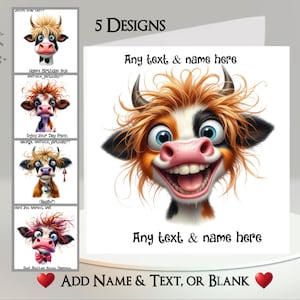 Tarjeta de vaca: agregue su texto + nombre ~ 5 diseños para elegir ~ Mensaje interior ~ Cara divertida Vaca, ganado, granja, animal de granja, pelo grande, humorístico