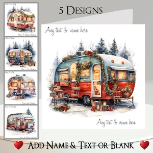 Kerstkaart: tekst en naam toevoegen, bericht binnenin, 5 ontwerpen, caravan, aanhanger, camping, busje, vakantie, vakantie, klatergoud, dennenboom, kerstbal