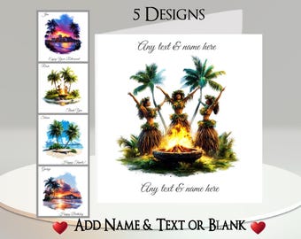 Hawaii-Karte: Fügen Sie Ihren Text + Namen, Innen-Nachricht oder Leer hinzu. 5 Designs. Tropischer Strand, Insel, Ozean, Meer, Sonne, Palme, Tänzer,