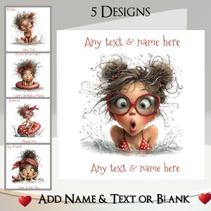 Beach Girl Card: Add Your Text + Name, Inside Message, or Blank. 5 Designs. Sea, Sand, Beach, Woman, Bow, Bikini, Crab, Funny, Quirky