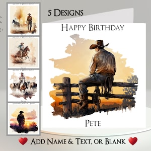 Cowboy Card: Aggiungi il tuo testo + nome, messaggio interno, 5 design. Western, Far West, Cowboy, Cowgirl, Stivali, Cappello, Cavallo, Tramonto